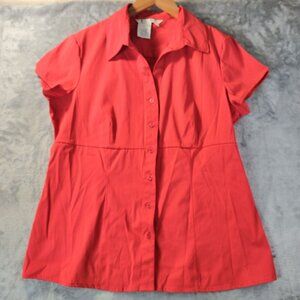 Como Woman Stretch Button Down Blouse Large Red Collared Short Sleeve Career Top